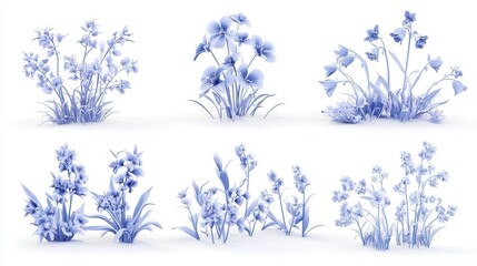 Six Blue Stylized Flower Clusters Digital Illustrations