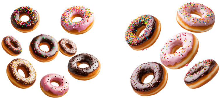 Several doughnuts with different flavors of glaze and sprinkles floating in the air, transparent background
