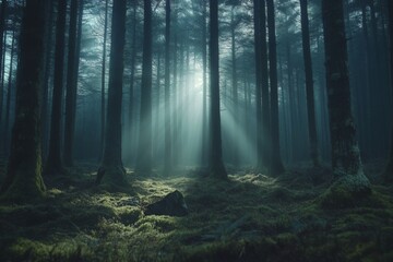 Serene forest with sunlight filtering through trees creates a mystical atmosphere in the early morning