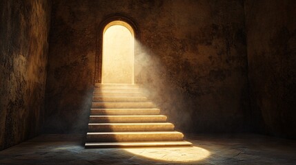 Obraz premium Sunlit Ancient Stone Staircase Leading to a Bright Open Door