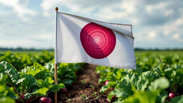 Sliced Redish flag standing in the redish field under a blue sky