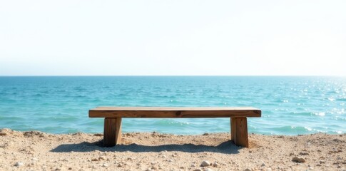 Rustic wooden bench overlooks calm sea White background , horizon, sitting, outdoor