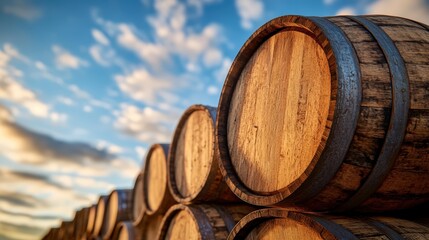 Rustic whisky barrels stacked under dramatic sky for beverage and distillery designs