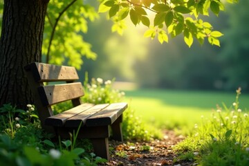 Naklejka premium Rustic wooden bench beneath dappled sunlight, spring leaves , springtime, spring