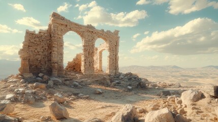 Ancient Ruins in a Desert Landscape with Arches and Stone Structures Under a Blue Sky