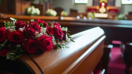 Somber scene of a closed coffin at a funeral service, reflecting grief and remembrance