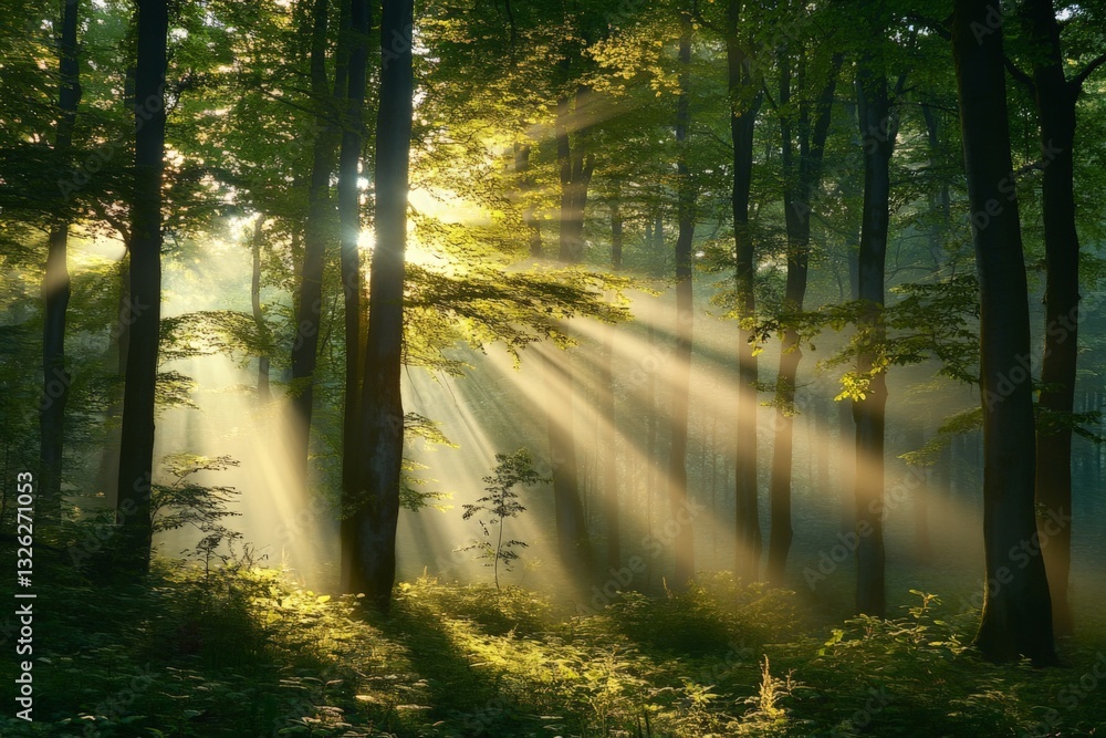 Poster sunlight filtering through trees in a lush green forest during early morning hours