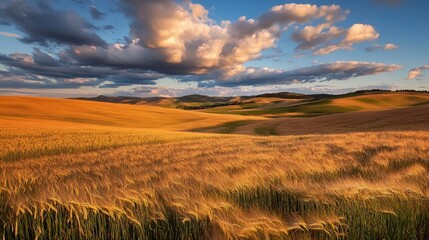 Golden barley field at sunset with rolling hills and dramatic sky