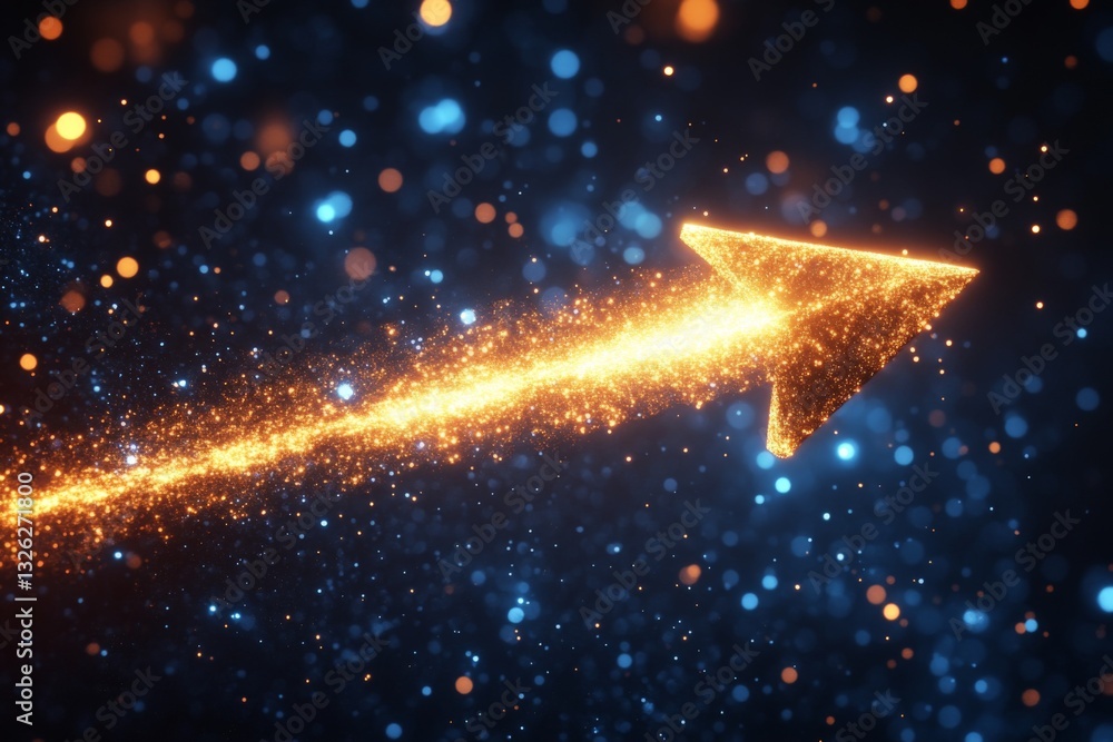 Aufkleber dynamic golden arrow moving through a vibrant cosmic background of blue and orange particles in a di