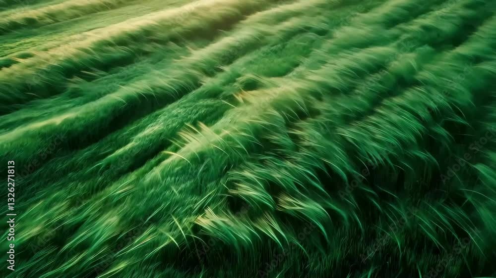 Poster Endless green wheat fields stretch across the landscape at sunset, Aerial view of endless green wheat fields at sunset
