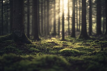 Fototapeta premium Sunlit forest floor with mossy growth in morning light. AI generated