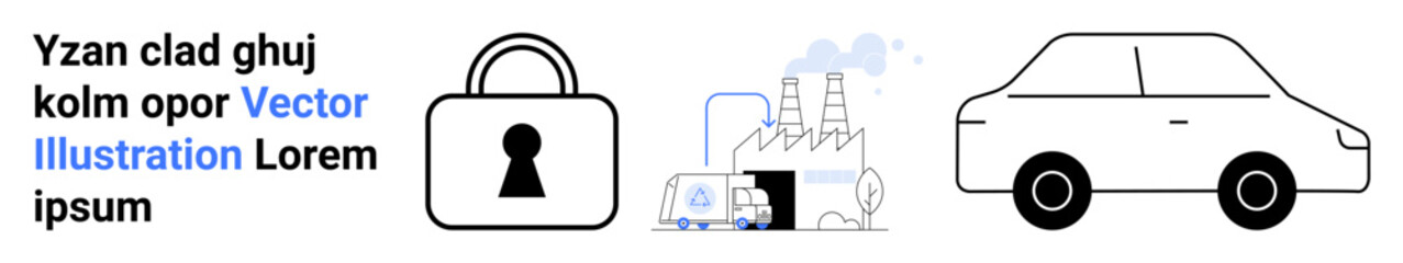 Large lock icon, industrial factory with smoke and vehicles, car outline, and placeholder text. Ideal for security, industrial automation, transportation, automotive, manufacturing processes data