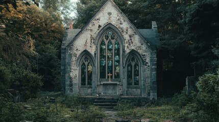 Fototapeta premium Abandoned Gothic Structure Surrounded by Lush Greenery Ideal for Mystery Horror and Nature T