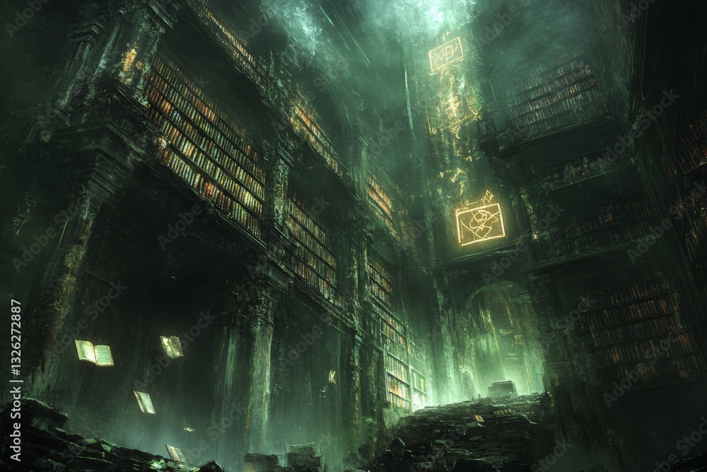 Poster Mysterious ancient library illuminated by ethereal light and floating books at twilight