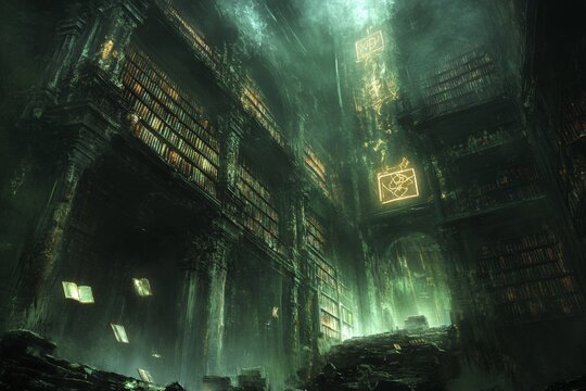 Mysterious ancient library illuminated by ethereal light and floating books at twilight