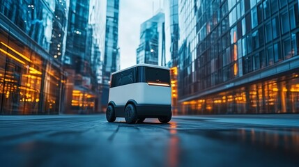 Fototapeta premium A delivery robot expertly navigates through an urban setting, maneuvering between tall buildings while carrying packages for timely deliveries, showcasing advancements in logistics technology
