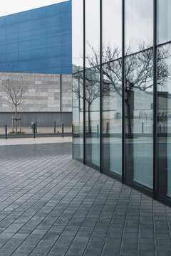 Modern glass facade with tree reflections creating a geometric urban pattern. Contemporary architectural detail blending transparency and structural design.