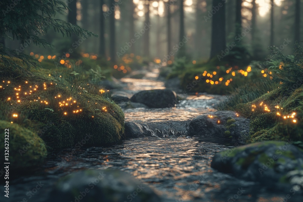 Aufkleber Serene forest stream illuminated by glowing lights during twilight hours