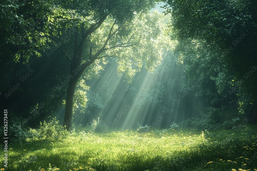 Poster Sunlight filters through trees in a serene forest creating a calm and peaceful atmosphere in nature