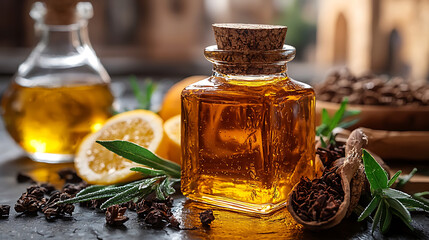 Golden liquid in glass bottles with cork stoppers surrounded by lemons herbs and aromatic spices on a dark surface.