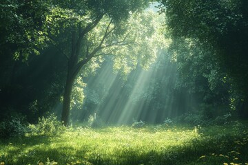 Fototapeta premium Sunlight filters through trees in a serene forest creating a calm and peaceful atmosphere in nature