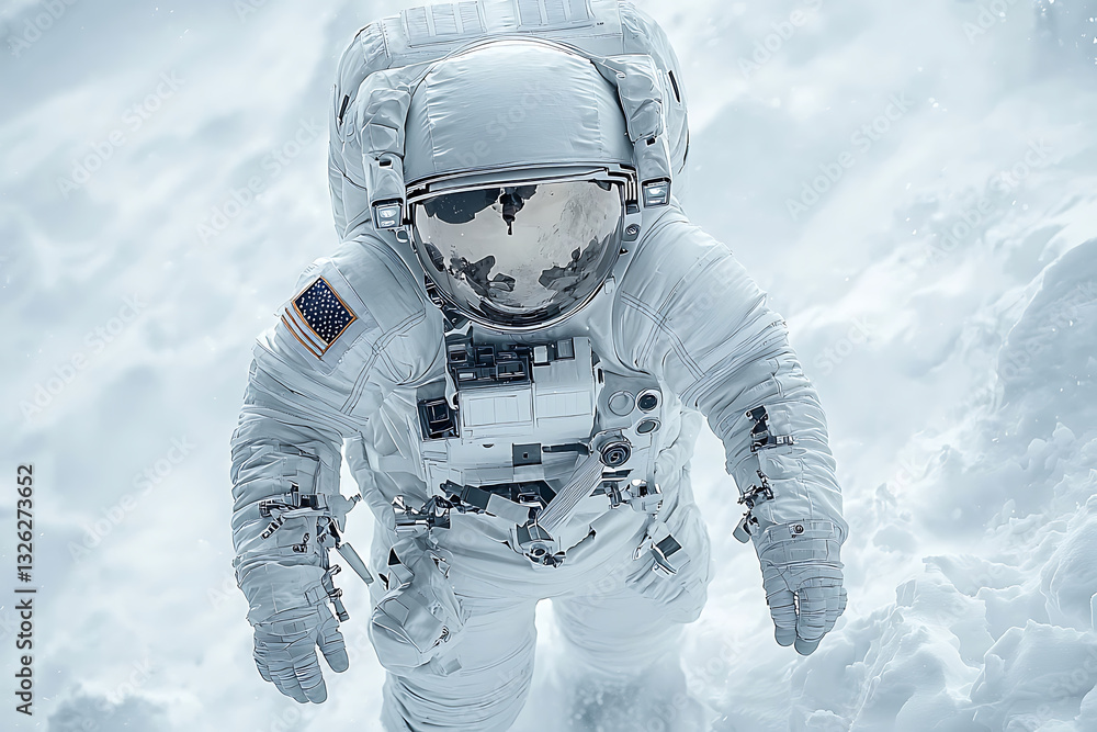 Wall mural astronaut in a white spacesuit stands against a cloudy ethereal backdrop evoking exploration and a s