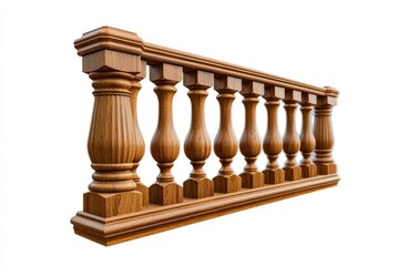 Elegant Wooden Banister: Artistic Railing Design Isolated on White Background for Balconies and Verandas