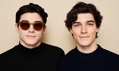 Two Young Men Posing for a Portrait in Casual Fashion with Sunglasses and Black Turtleneck