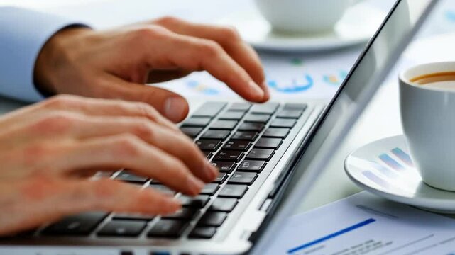 A person types on a laptop surrounded by graphs and data sheets. A cup of coffee sits nearby, creating a productive atmosphere for analysis and concentration during a busy work session