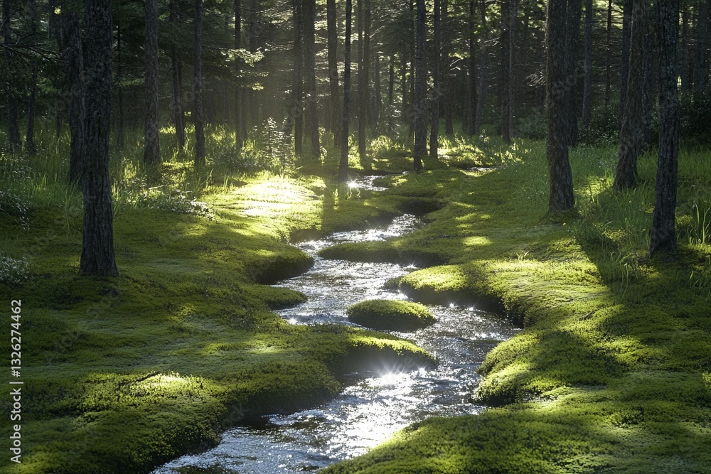 Aufkleber serene stream flowing through lush green forest under gentle sunlight in a peaceful setting