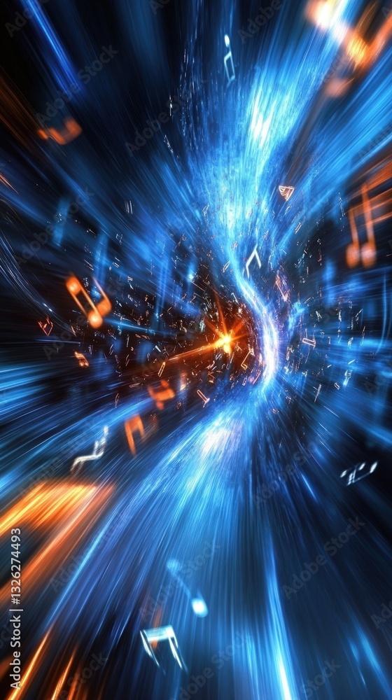 Poster abstract digital music visualization with glowing blue and orange lights and musical notes in motion