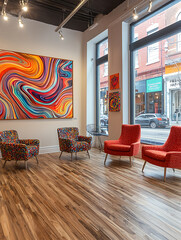 Vibrant art gallery interior featuring colorful abstract paintings patterned armchairs and large windows overlooking a city street.