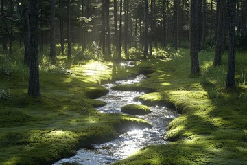 Obraz premium Serene stream flowing through lush green forest under gentle sunlight in a peaceful setting