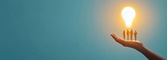 Idea in Hand: Conceptual representation of collective innovation, a bright idea radiating above a group held in a supportive hand, symbolizing collaboration, problem-solving.