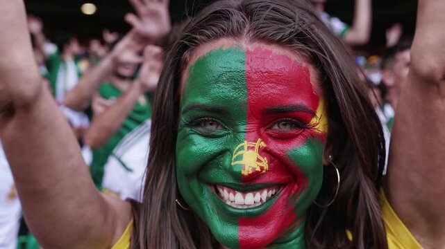 Smiling Portuguese woman with face painted in Portugal national colors at a sports stadium, passionate football supporter celebrating  
