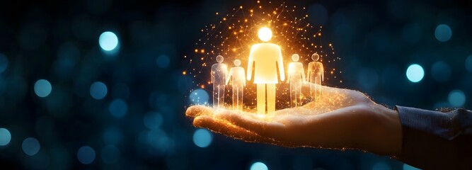 Empowering Leadership: A visionary hand cradles a luminescent silhouette, symbolizing the strength and guidance of effective leadership, surrounded by a team united in purpose. 
