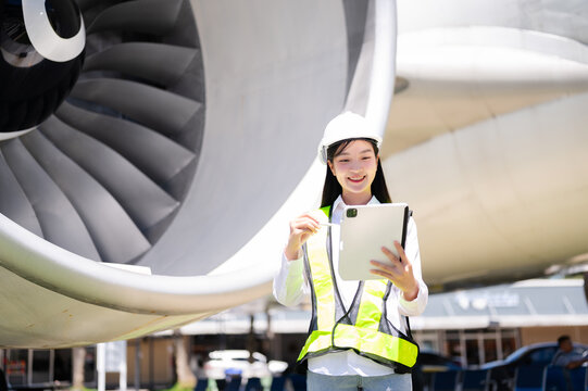 Female aviation engineer in safety gear inspecting an airplane engine, embodying professionalism