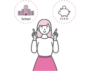 学業とバイトの両立ついて説明する女子大学生のイラスト素材