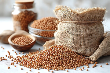 Obraz premium Small brown seeds spill from a burlap sack with jars and bowls of seeds in the background.