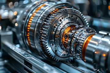 Detailed view of complex shiny silver gears and mechanical components with golden accents showing intricate engineering design.