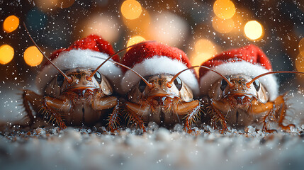 Festive cockroaches wearing Santa hats in a snowy scene with bokeh lights adding a whimsical Christmas atmosphere.