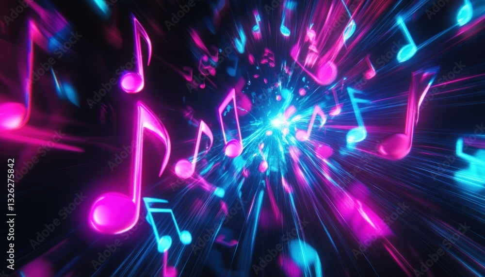 Poster abstract musical notes in vibrant pink and blue colors radiating from a central light source represe