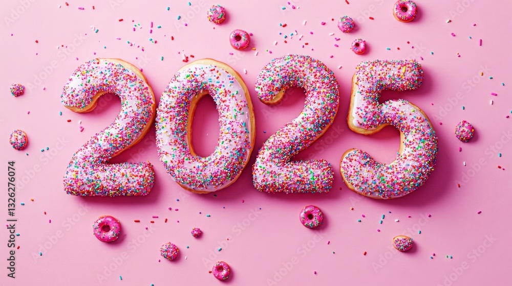 Poster a pink background with a row of donuts with sprinkles on them