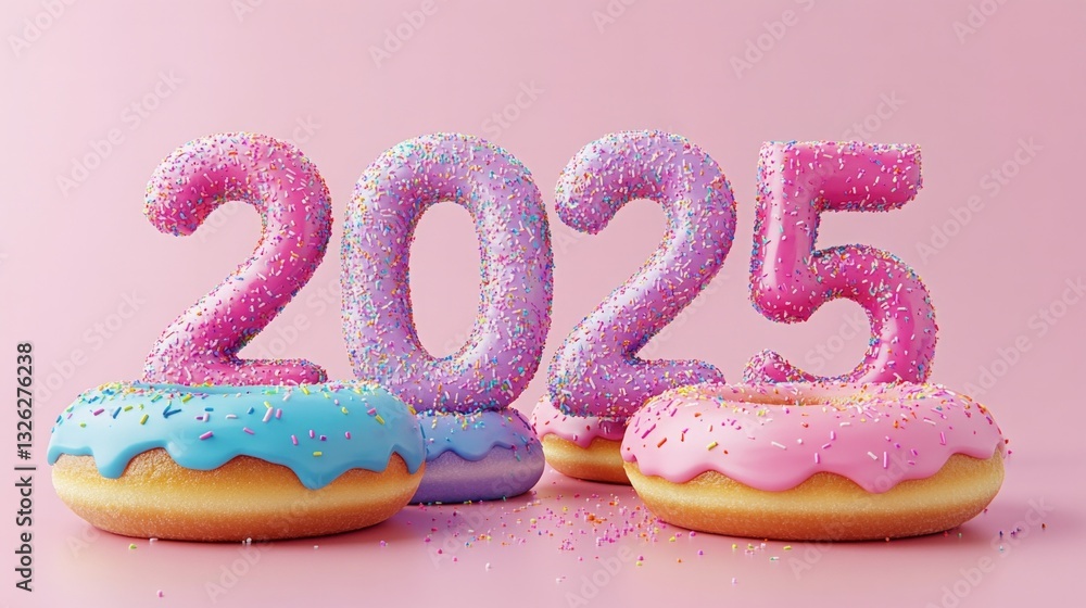 Poster a group of donuts with sprinkles on them spell out the number twenty-five
