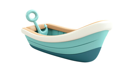 Fototapeta premium Png Cartoon Boat Model Teal, White, Beige, Anchor, 3D Render isolated on transparent background