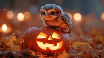 A small owl is sitting on top of a pumpkin with a scary face