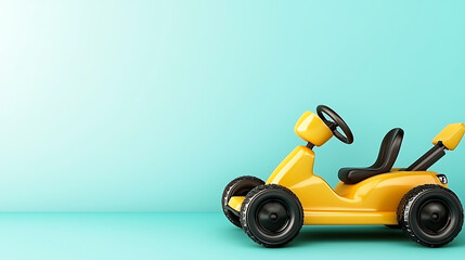 Fototapeta premium A yellow pedal car with black wheels sits against a serene blue background casting a soft shadow.