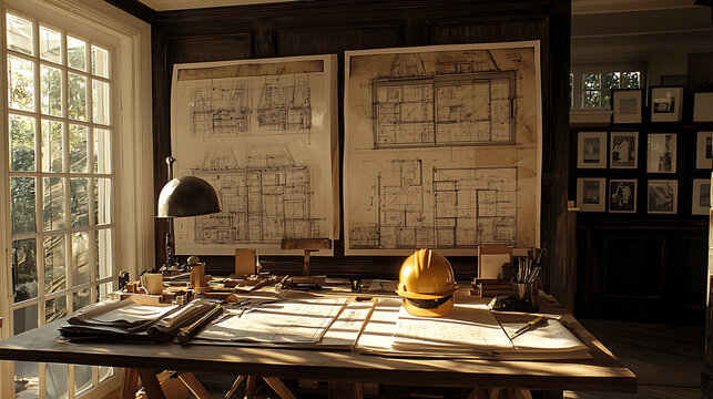 Architect's workspace bathed in sunlight featuring blueprints drafting tools and a yellow hard hat.