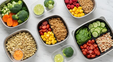 Healthy meal prep containers with vegetables, protein, and grains