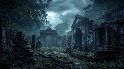 Eerie Abandoned Cemetery with Gothic Architecture and Overgrown Vegetation